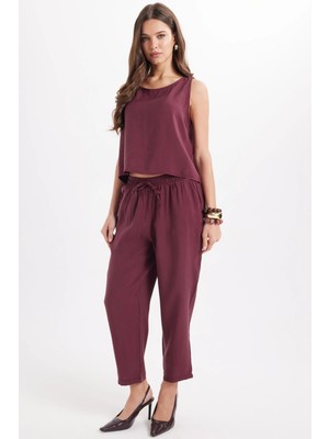 Tudors Kadın Standart Fit Normal Kesim Likralı Bisiklet Yaka Bluz Geniş Paça Bordo Pantolon Takım
