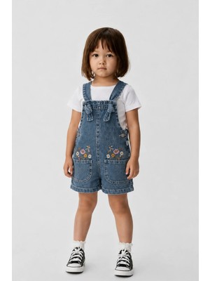 Overdo Kız Çocuk Çiçek Nakışlı Denim Şort Salopet - Tulum