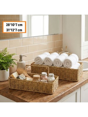 Ozcmax 2’li Duvar Askılı Plastik Rattan Organizer – Dikdörtgen Hasır Görünümlü Mutfakk Raf Sepeti, Banyo ve Ev Içi Düzenleme Ünitesi