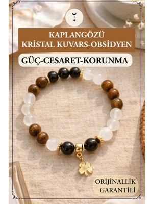 Orenda Design Kaplan Gözü, Kristal Kuvars, Obsidyen Doğal Taş Bileklik – Güç, Cesaret & Korunma