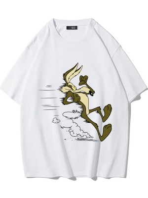 Brz Collection Unisex Oversize Run - Wile E. Coyote T-Shirt (Beyaz)