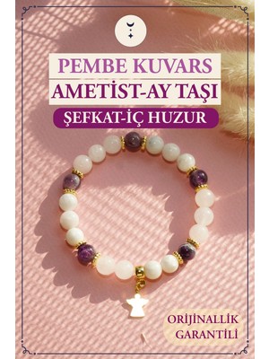 Orenda Design Pembe Kuvars, Ametist, Ay Taşı, Melek Sembollü Bileklik | Şefkat, Iç Huzur ve Ruhsal Denge