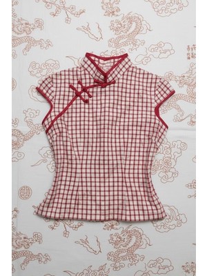 Moonstyle Collection Beyaz Kırmızı Ekoseli Çin Yakalı Y2K Kısa Kollu Crop