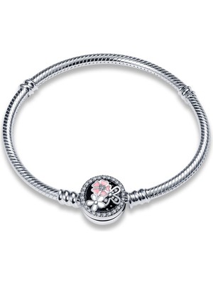 Fubena Moments Yuvarlak Çiçekli Gümüş Bileklik 925 Ayar Charm Taşıyıcı Gümüş Malzeme
