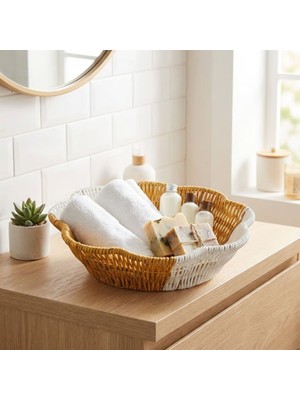 Ozcmax Çiçek Model Çift Renkli Plastik Rattan Ekmek ve Meyve Sepeti - Çok Amaçlı Banyo ve Mutfaak Düzenleyici - Yıkanabilir Organizer