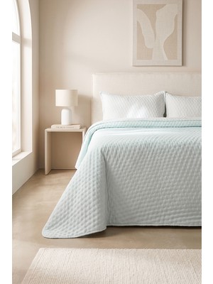 Ocean Home Textile Pamuklu Kapitoneli Açık Mavi Renk Çizgi Desen Çift Kişilik Yatak Örtüsü Seti 1 Adet 250 x 230 / 2 Adet 50 x 70 cm