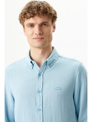 Lacoste Men's Regular Fit Button-Down Collar Linen Shirt Green Erkek Düğmeli Yaka Keten Gömlek Mavi