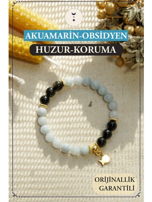 Orenda Design Obsidyen, Akuamarin, Balık Sembollü Bileklik | Huzur ve Koruma Enerjisi