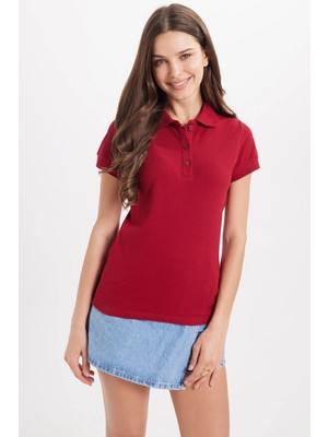 Tudors Kadın Slim Fit Dar Kesim %100 Pamuk Polo Yaka Bordo Pike Tişört 
