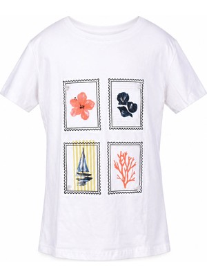 Trender Çerçeve Baskılı Ekru Kız Çocuk T-Shirt 8040
