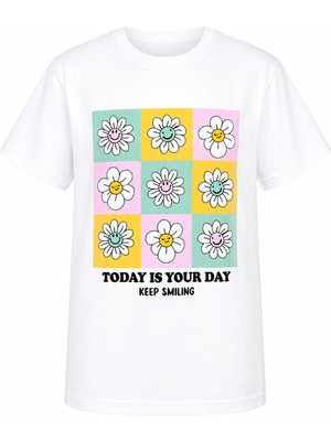 Trender Papatya Baskılı Ekru Kız Çocuk T-Shirt 8042