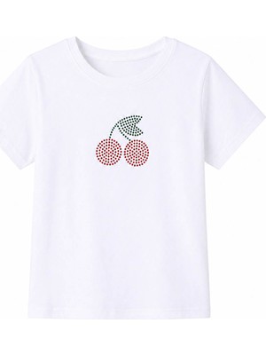 Trender Kiraz Kısa Kol O Yaka Beyaz Kız Çocuk T-Shirt 26YDT1000054