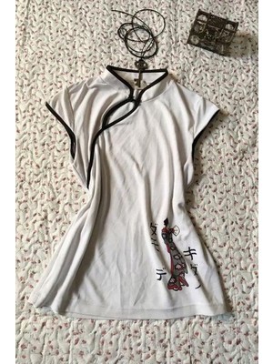 Moonstyle Collection Ekru Mandarin Yaka Vintage Geisha Baskılı Y2K Kısa Kollu Crop