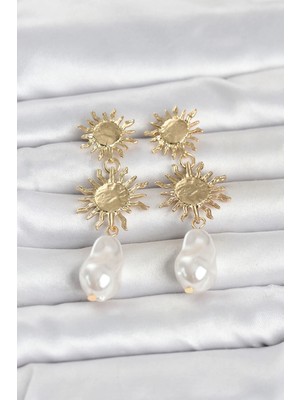 Inure Jewelry Gold Renk Pirinç Güneş Model Detaylı Kadın Küpe