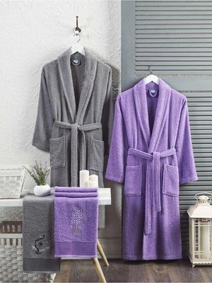 Elmira Textile 4 Parça Aile Bornoz Seti Kadın Erkek Havlulu Bornoz Takımı 100 Gri Lavanta