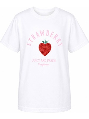 Trender Strawberry Kısa Kol O Yaka Ekru Kız Çocuk T-Shirt 26YDT1000051