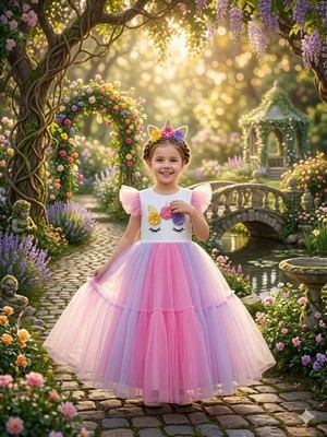 Lina Baby Bloomm Kız Çocuk Unicorn Detaylı Tütü Elbise Prenses Kostüm Üstü Beyaz Pembe Lila Abiye