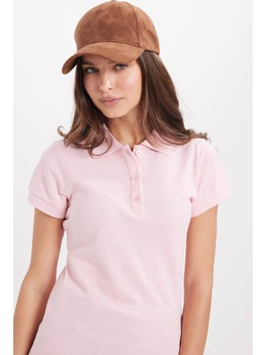 Tudors Kadın Slim Fit Dar Kesim %100 Pamuk Polo Yaka Pembe Pike Tişört 