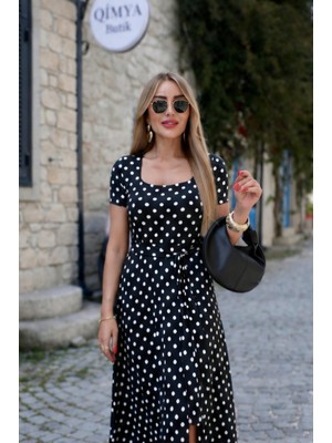 Qimya Butik Buketli Kadın Kare Yaka Iri Puantiyeli Kuşaklı Yırtmaçlı Kısa Kollu Penye Uzun Elbise