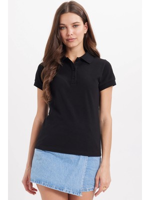 Tudors Kadın Slim Fit Dar Kesim %100 Pamuk Polo Yaka Siyah Pike Tişört 