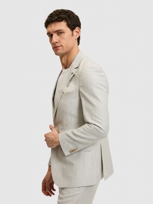 Cacharel Erkek Açık Gri Slim Fit Yün Keten Karışımlı Mikro Desen Mono Yaka Takım Elbise 50319141-VR001