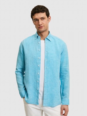 Cacharel Turkuaz Regular Fit Yakası Düğmeli %100 Keten Gömlek 50319198 VR093