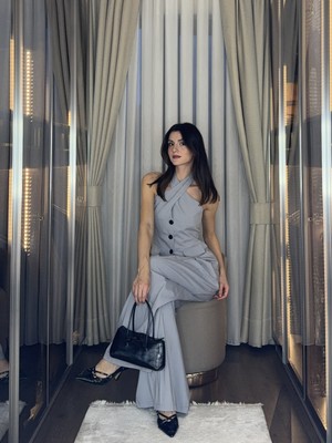 Klex Halter Yaka Düğmeli Blazer Görünümlü Takım 5038 Gri - L