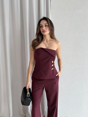 Klex Straplez Gold Düğme Detaylı Büstiyer Pantolon Takım 5043 Bordo - M
