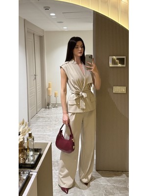 Klex Kuşaklı Kruvaze Yelek Pantolon Takım 5052 Taş - S