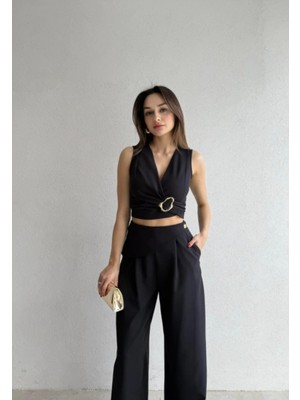 Klex Kuşaklı Tokalı Crop Bluz ve Palazzo Pantolon Takım 5093 Siyah - S