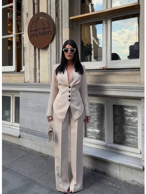 Hope And Me Kadın Kuşak Detaylı Düğmeli Blazer Ceket Palazzo Pantolon Takım