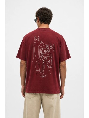 Respire Erkek Nakış Detaylı Yıkamalı Oversize T-Shirt Bordo