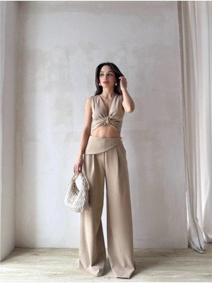 Klex Kuşaklı Tokalı Crop Bluz ve Palazzo Pantolon Takım 5093 Vizon - L
