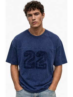 Respire Erkek 22 Nakışlı Yıkamalı Oversize T-Shirt Lacivert