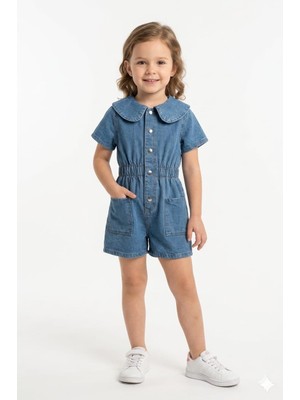 Superbaby Retro Tarz Bebe Yaka Kısa Kollu Denim Çocuk Tulumu
