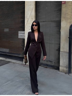 Hope And Me Kadın Kuşak Detaylı Düğmeli Blazer Ceket Palazzo Pantolon Takım