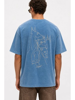 Respire Erkek Nakış Detaylı Yıkamalı Oversize T-Shirt Mavi