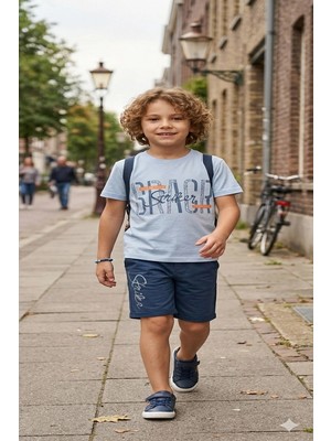 Koçak Kids Brage Striker Yazı Desenli Mavi Renk Erkek Çocuk Şortlu Takım