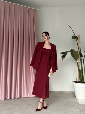 Klex Blazer Ceketli Straplez Elbise Takım 6069 Bordo - Xl