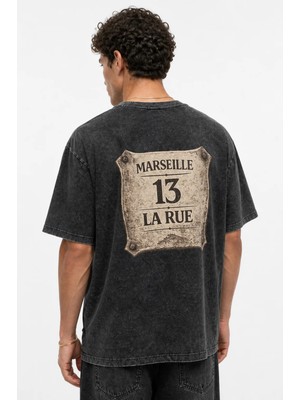 Respire Erkek Marseille Baskılı Yıkamalı Oversize T-Shirt Siyah