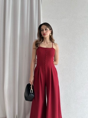 Klex Ip Askılı Önü Düğmeli Drapeli Tulum 5064 Bordo - Xl