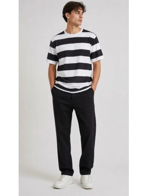 Efnaz Style Erkek Çizgili Oversize Tişört Bisiklet Yaka Kısa Kol Yazlık T-Shirt - Siyah