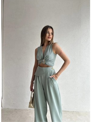Klex Kuşaklı Tokalı Crop Bluz ve Palazzo Pantolon Takım 5093 Yeşil - L