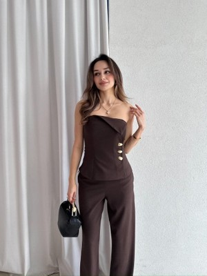 Klex Straplez Gold Düğme Detaylı Büstiyer Pantolon Takım 5043 Kahverengi - L