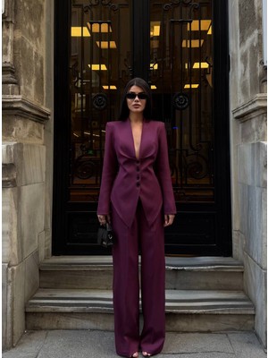 Hope And Me Kadın Kuşak Detaylı Düğmeli Blazer Ceket Palazzo Pantolon Takım