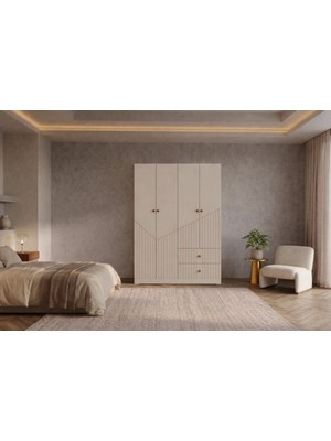 By Cino BYCİNO Leyla 4 Kapaklı 2 Çekmeceli Modern Tasarım Mdf Membran Kapak Lambiri Bej Gardırop