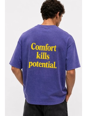 Respire Erkek Puf Baskılı Yıkamalı Oversize T-Shirt Mor