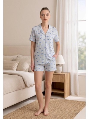 Çağrı Homewear Çağrı 52667 Mavi Çizgili Fiyonklu Boydan Düğmeli Gömlek Şort Takım