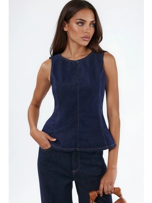 Hiccup Kadınlar Denim Peplum Top Koyu Mavi Denim