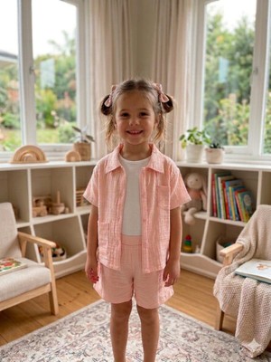 Lina Baby Bloomm Kız Çocuk Müslin Gömlek Şort Takım Beyaz Atletli 3’lü Yazlık Kombin